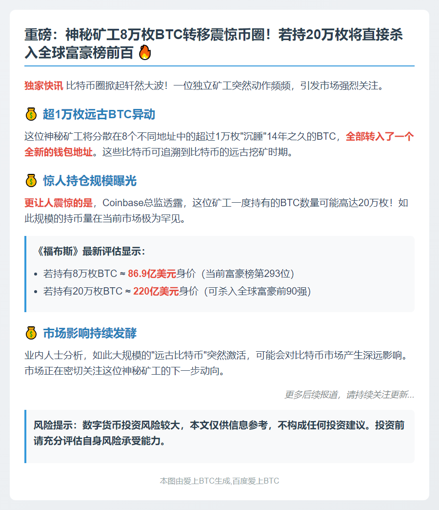 “神秘矿工持8万枚BTC可列富豪榜293名，若20万枚进前百”