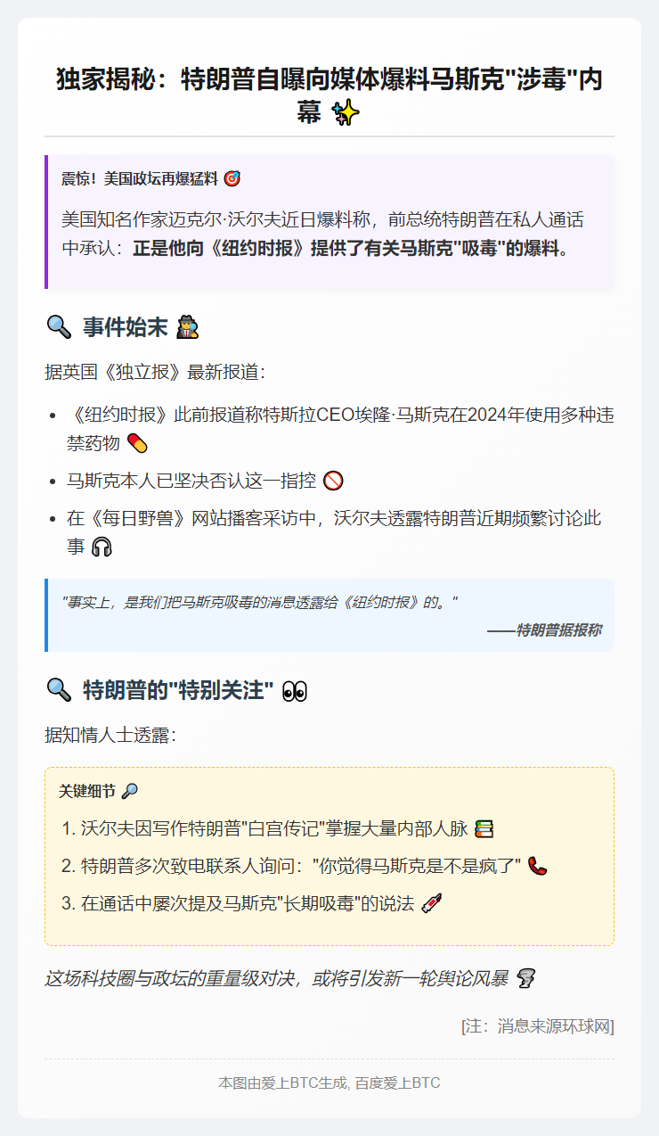 特朗普自曝向《纽约时报》爆料马斯克吸毒
