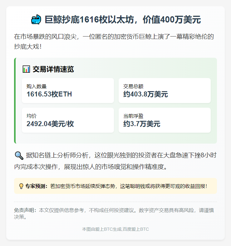 巨鲸抄底1616枚以太坊，价值400万美元