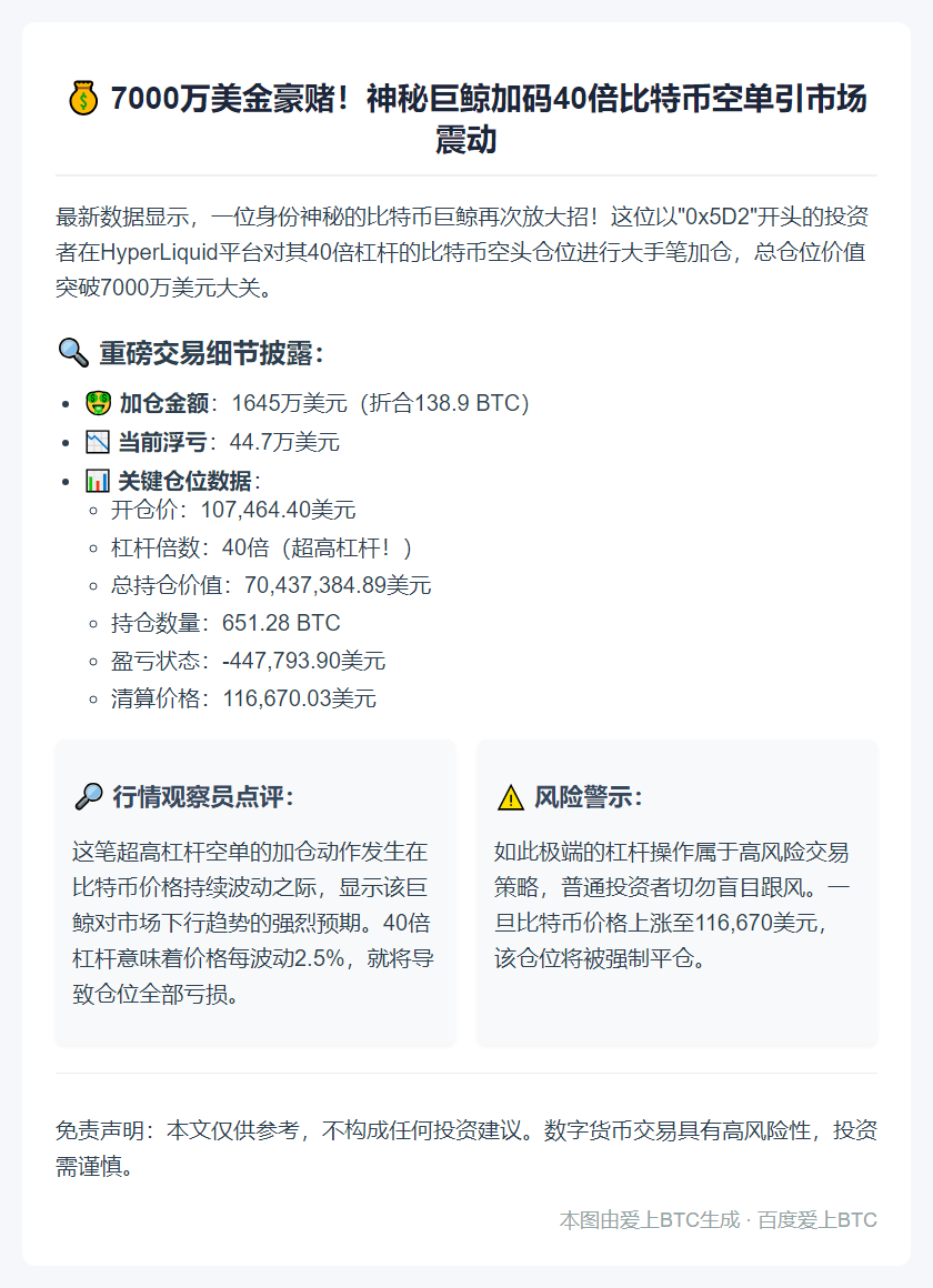 鲸鱼加仓7000万美元BTC空单