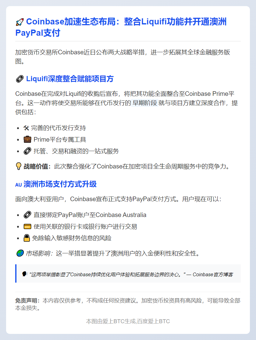 Coinbase将整合Luquifi至Prime并在澳洲支持PayPal