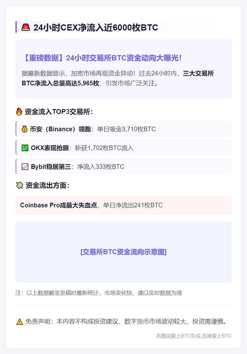 24小时CEX净流入近6000枚BTC