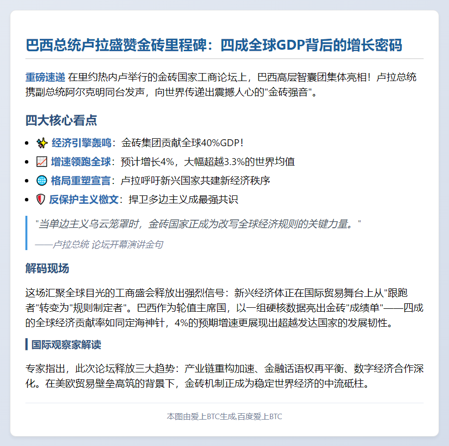 卢拉：金砖国家为全球经济多边主义贡献巨大