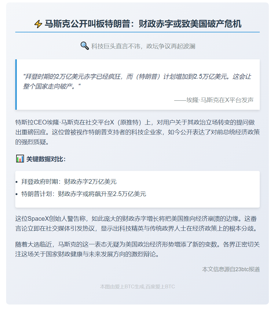 马斯克：特朗普搞赤字或致美破产