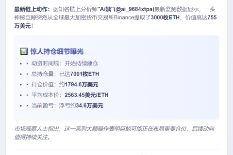 鲸鱼半小时前再囤3000枚ETH