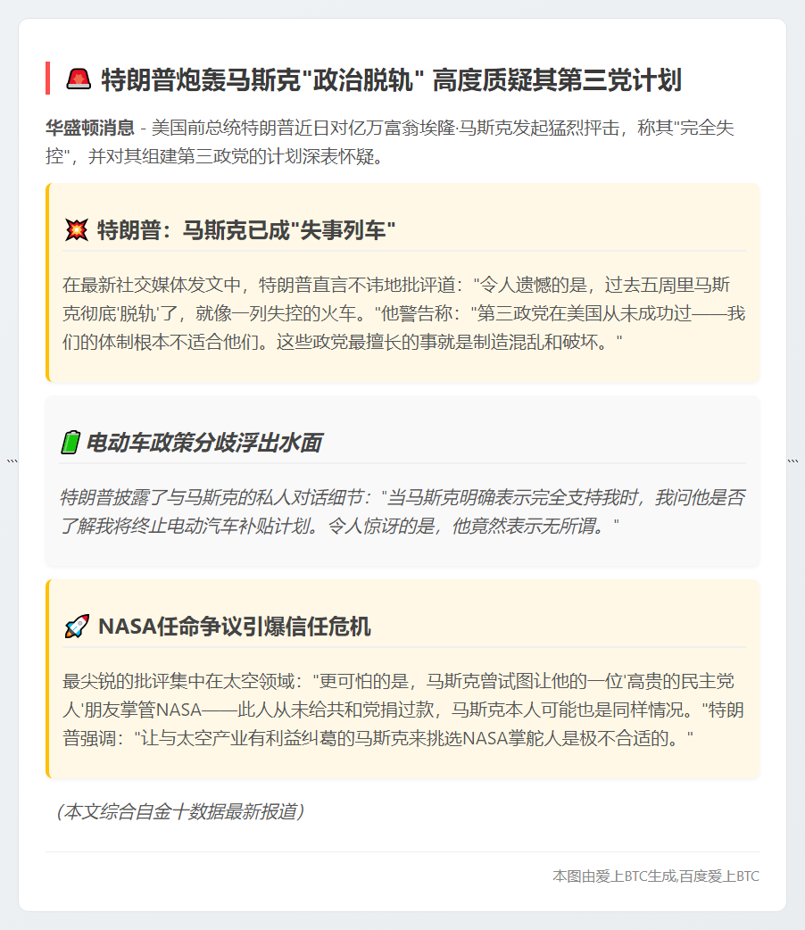 标题：特朗普批马斯克脱轨组党