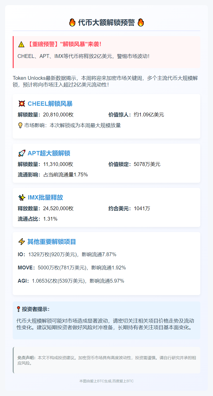 本周超2亿美元代币解锁：CHEEL、APT、IMX上榜