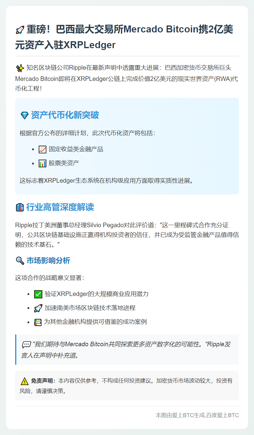 Ripple联手Mercado Bitcoin代币化2亿美元RWA