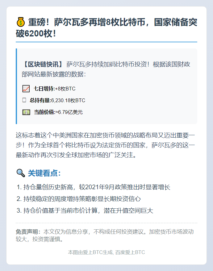 萨尔瓦多再购8枚比特币 持仓达6230枚