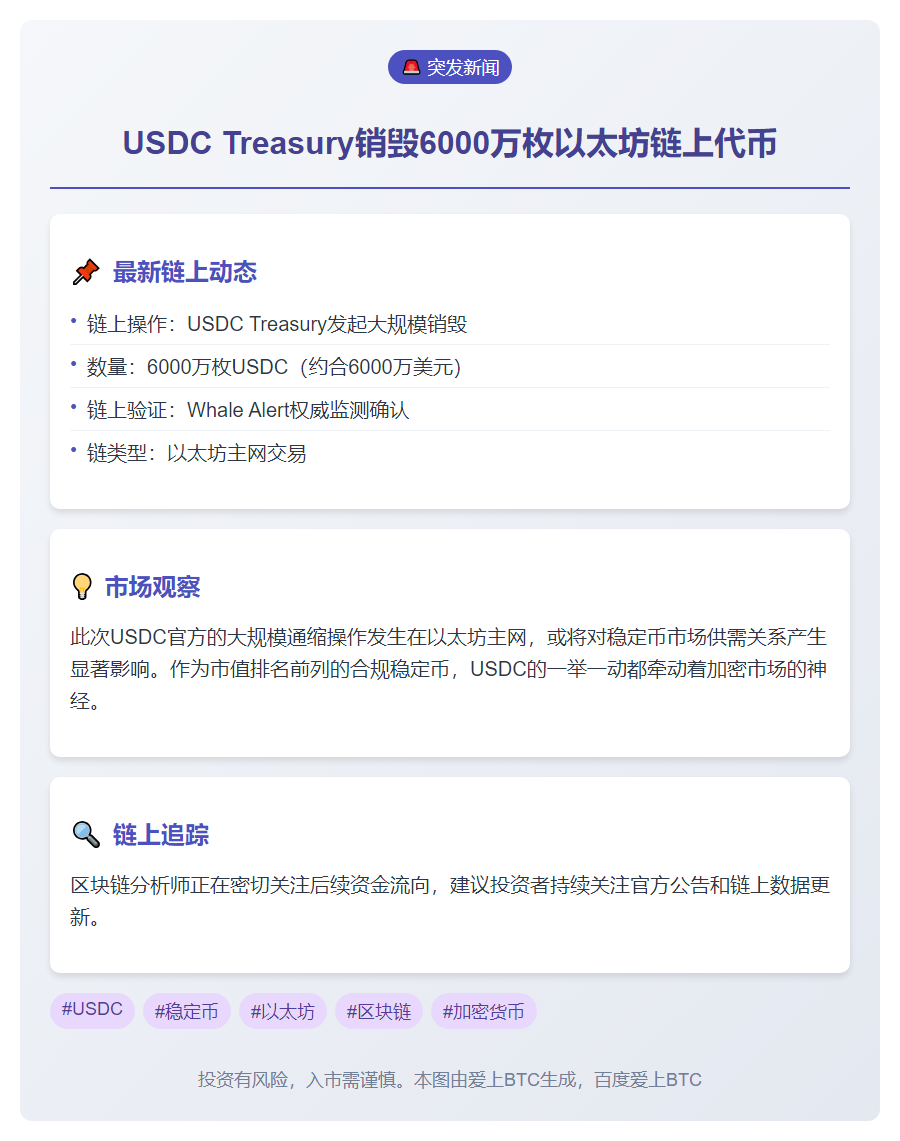 USDC Treasury销毁6000万枚以太坊链上代币