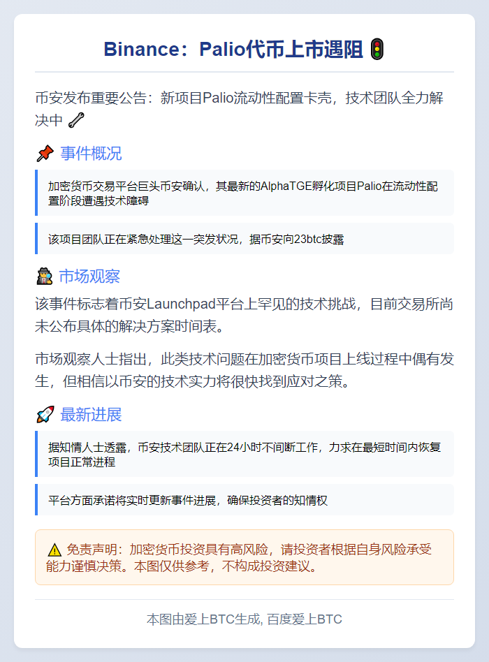 Binance：Palio代币上市遇阻，正全力解决