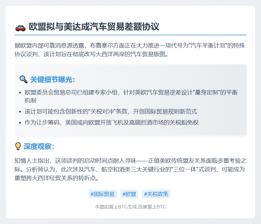 消息：欧盟拟与美达成汽车贸易差额协议