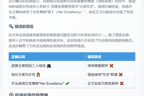 标题：特朗普贸易信函现领导人性别错误