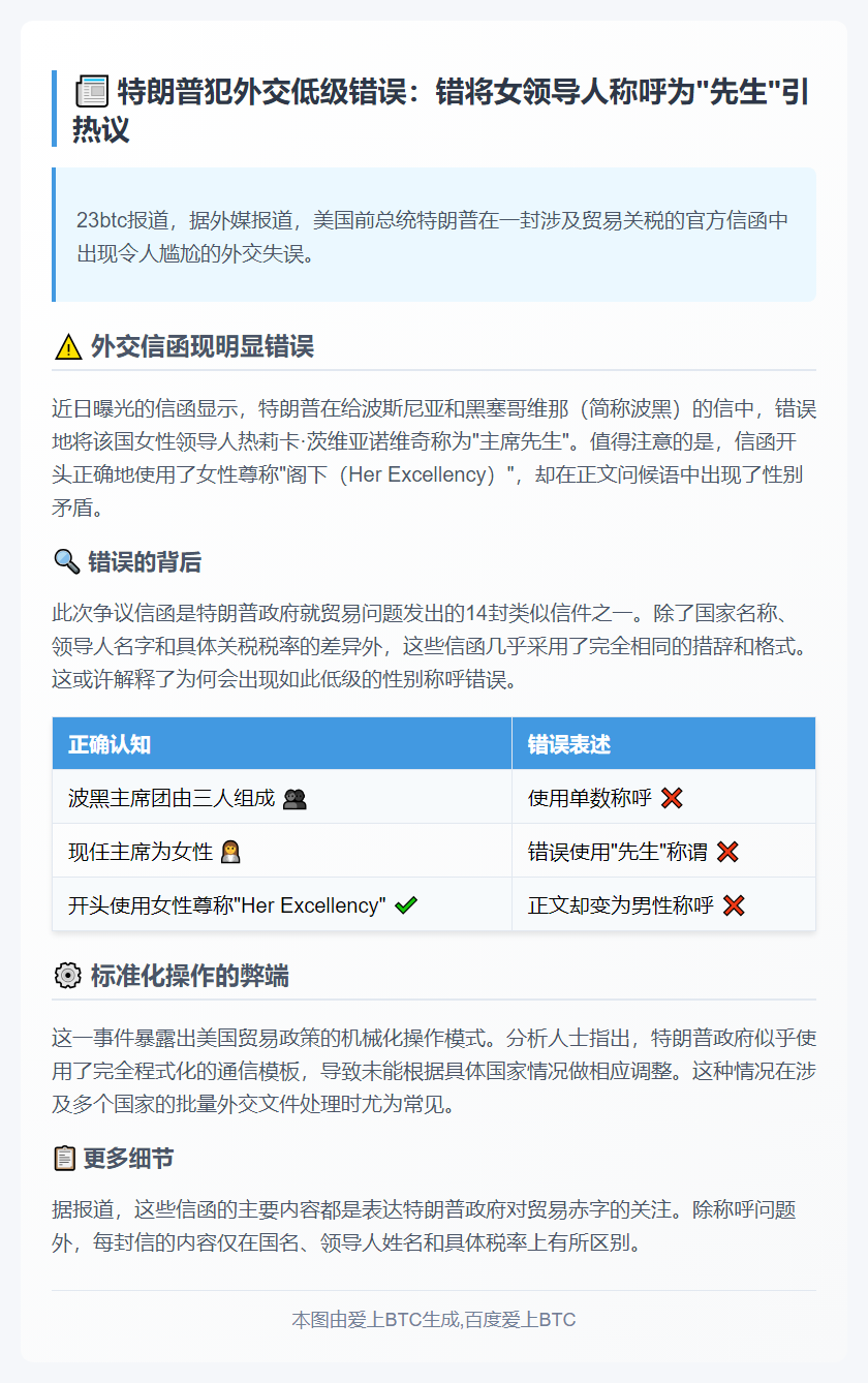标题：特朗普贸易信函现领导人性别错误