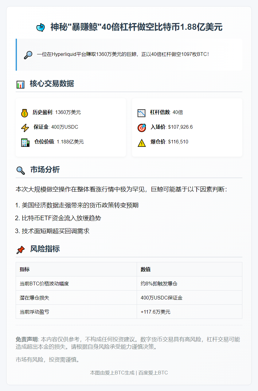 Hyperliquid巨鲸1360万美元获利后做空比特币40倍