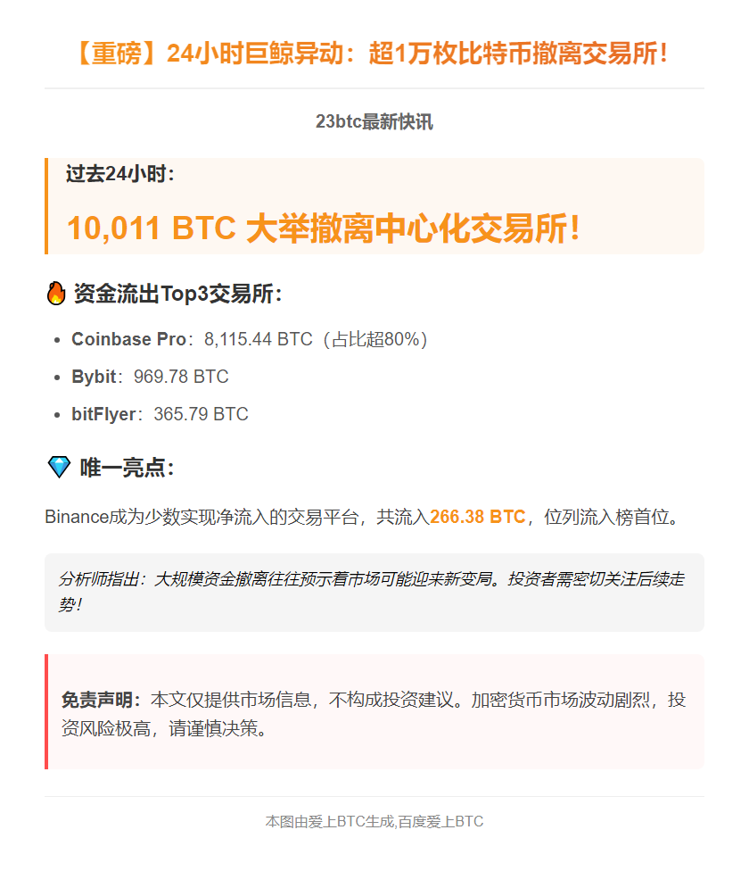 24小时CEX净流出超万枚比特币