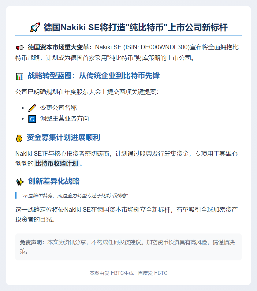 德国Nakiki SE成首家纯比特币财库上市公司