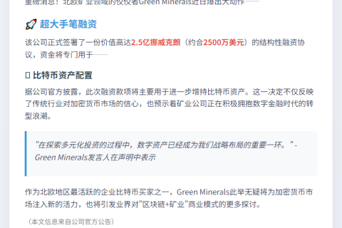 “挪威矿企Green Minerals获2500万美元增持比特币”