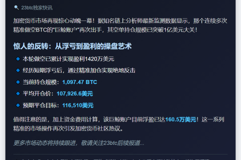 BTC巨鲸再空1亿美元