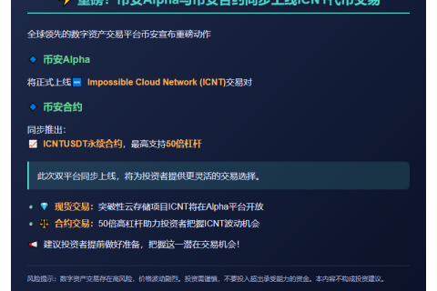 币安上线ICNT Alpha及合约