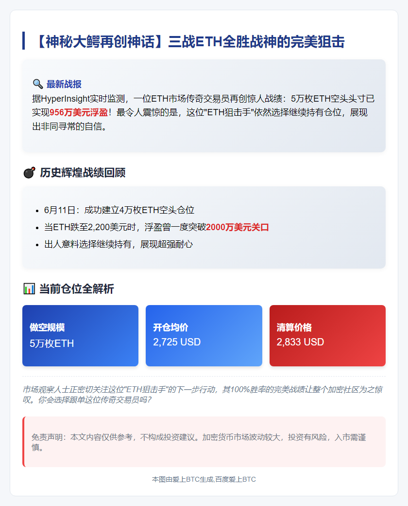鲸鱼5万枚ETH空单浮盈956万