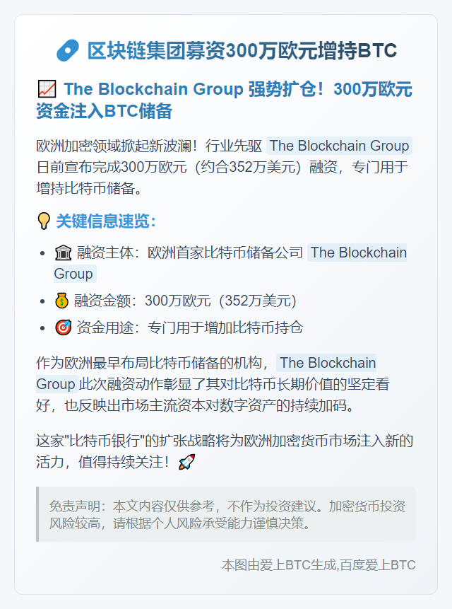 区块链集团募资300万欧元增持BTC