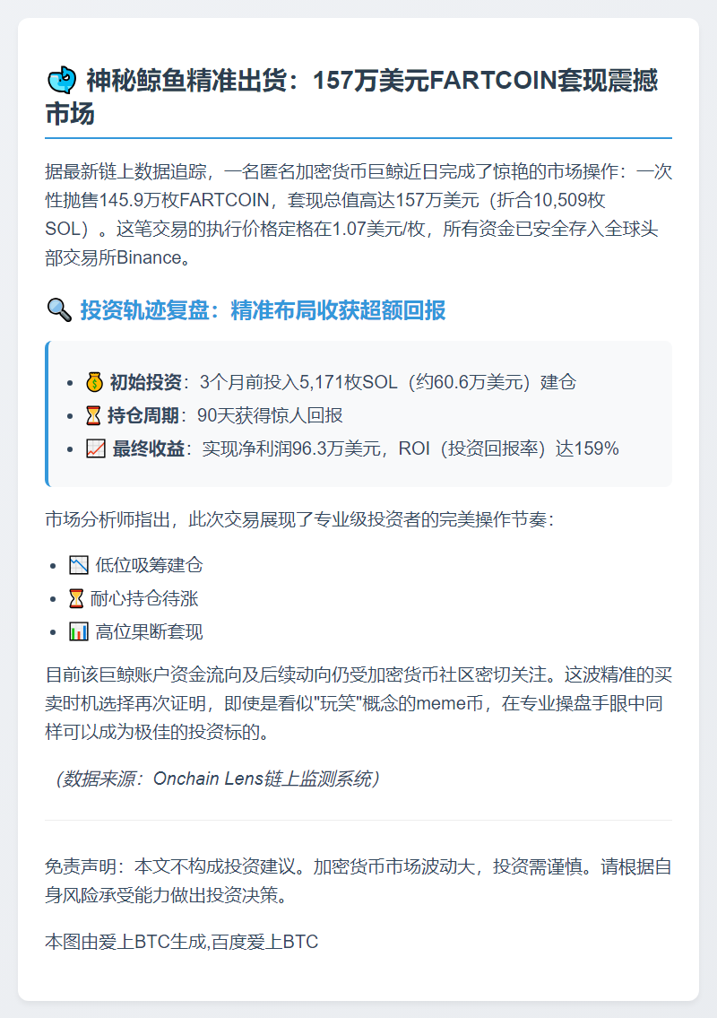鲸鱼抛售146万枚FARTCOIN套现157万美元