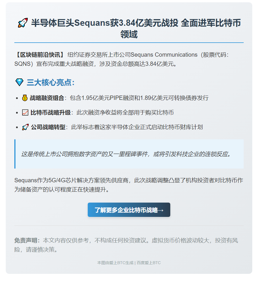 美股公司Sequans获3.84亿美元投资并启动比特币财库