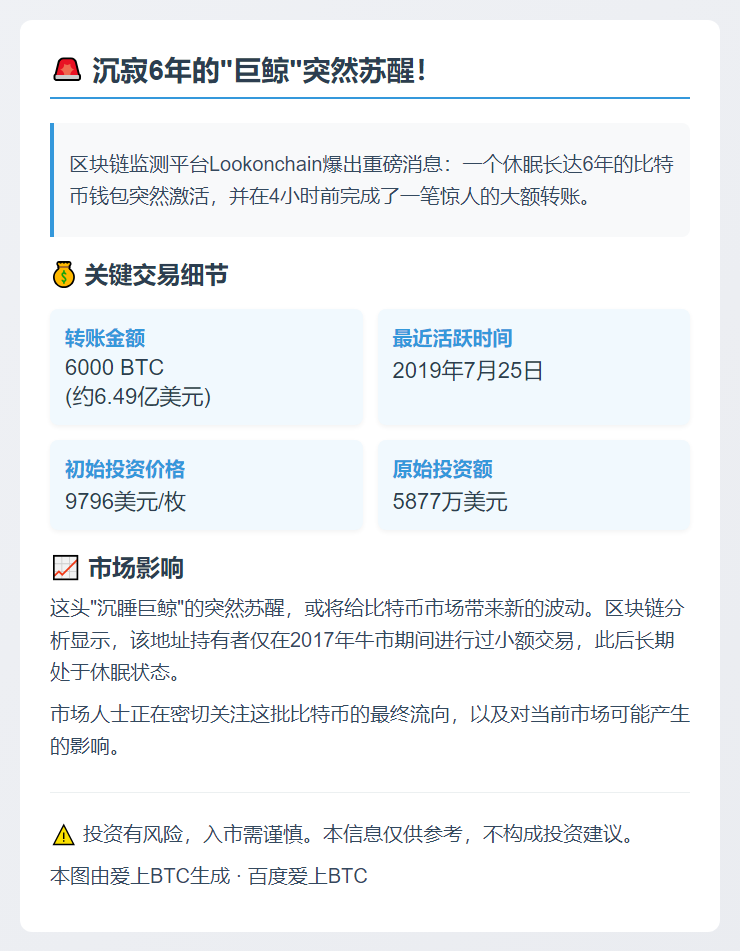 休眠6年钱包转出6000BTC