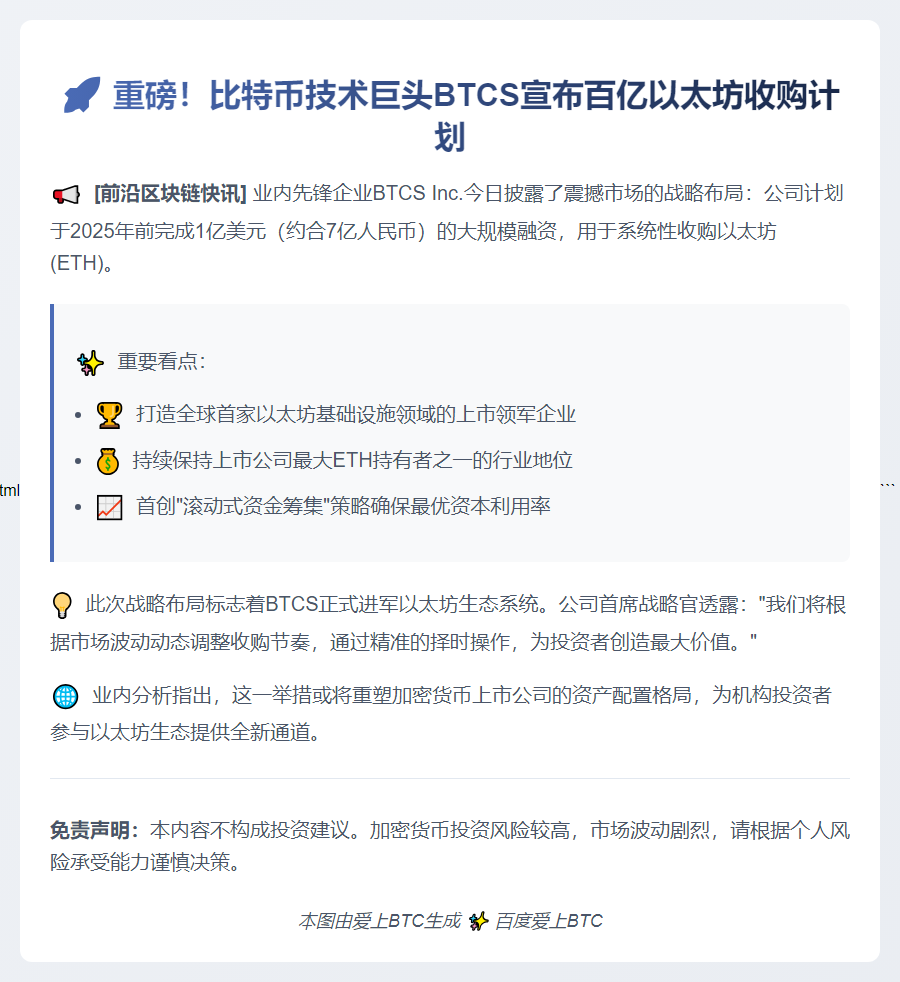 BTCS拟募资1亿美元收购以太坊