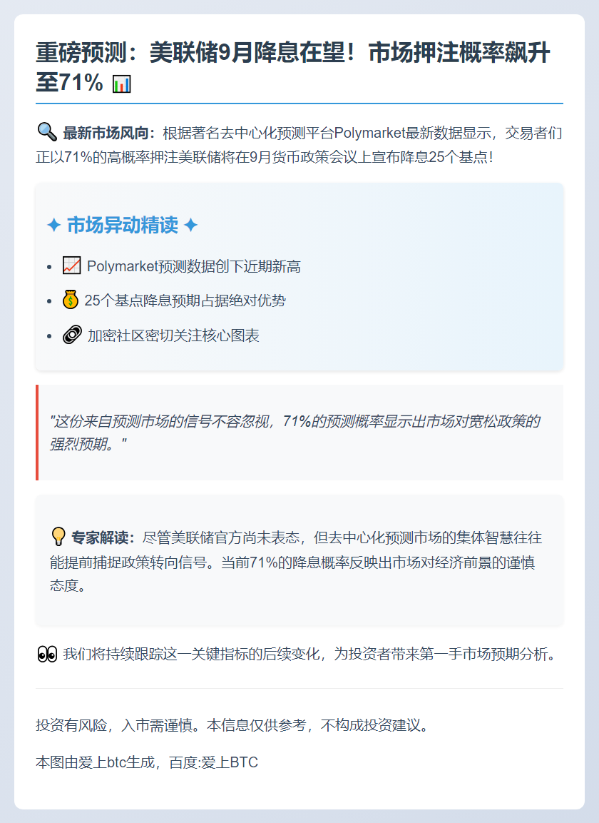 Polymarket：美联储9月降息25基点概率达71%