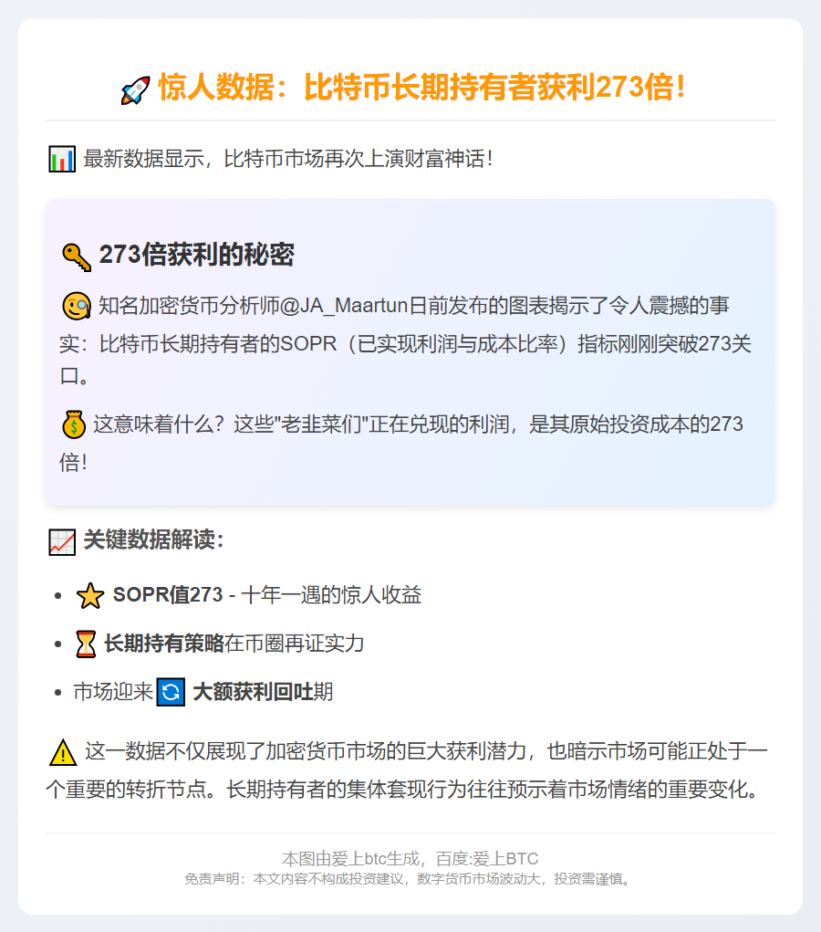 比特币长期持有者获利273倍