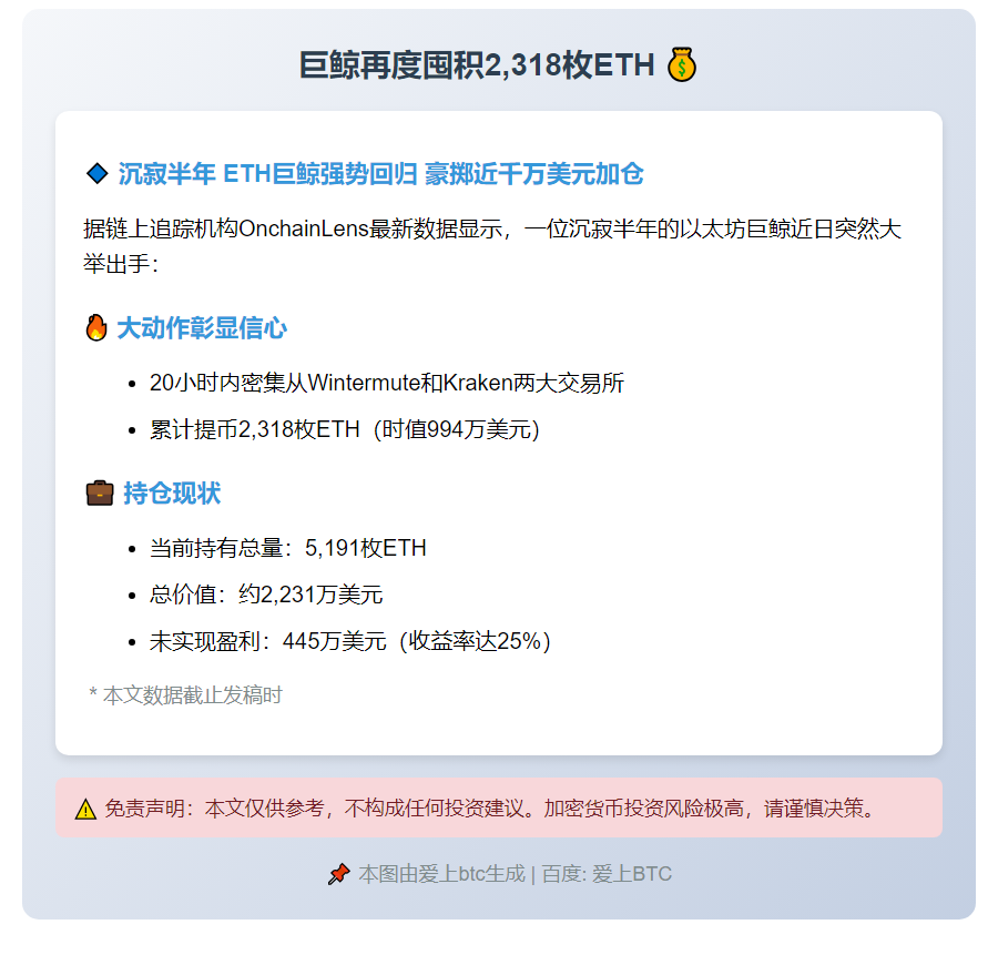 巨鲸再度囤积2318枚ETH