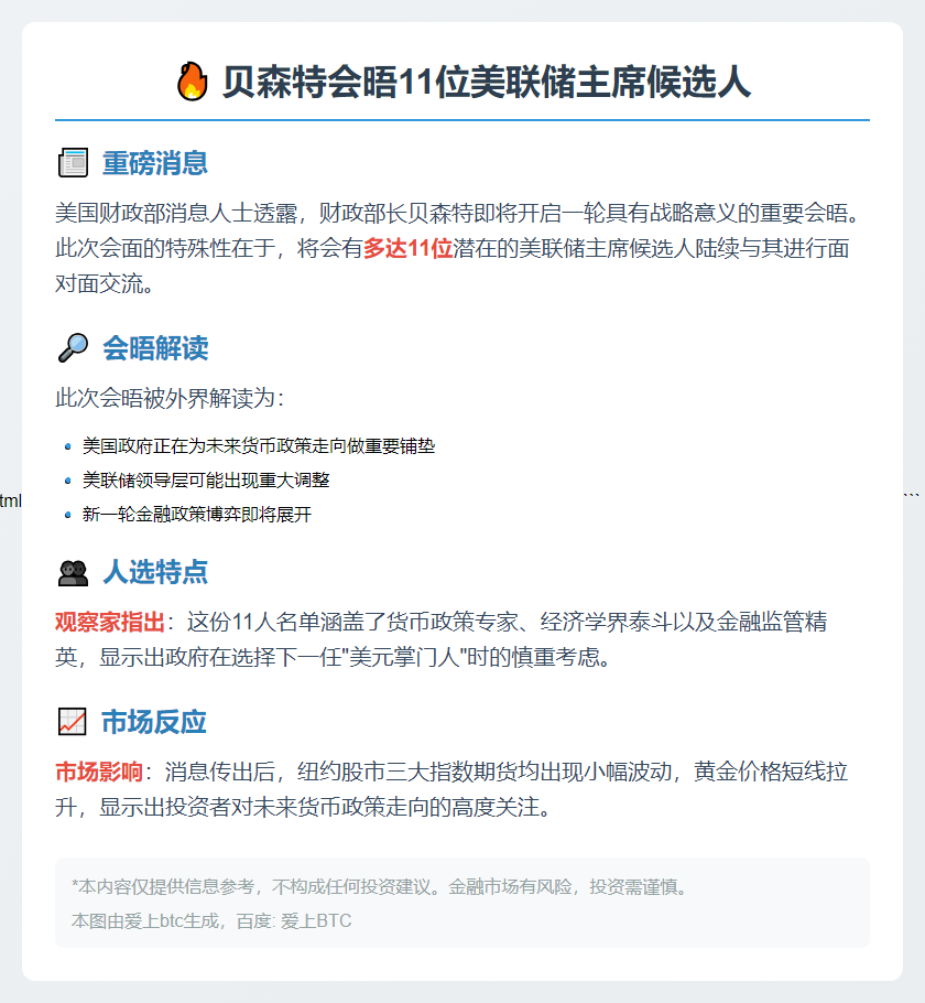 贝森特会晤11位美联储主席候选人