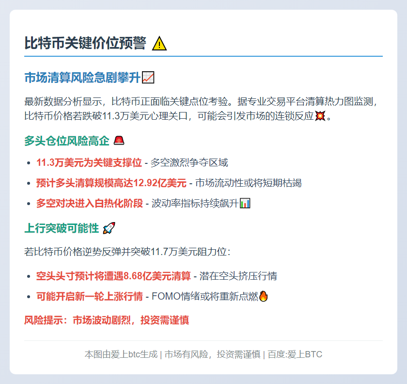 比特币跌破11.3万或触发12.92亿爆仓