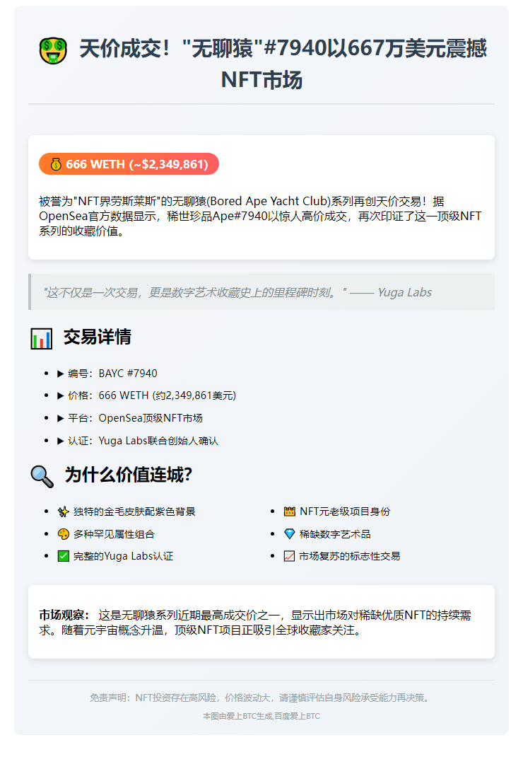 标题：“无聊猿”#7940以666WETH高价成交