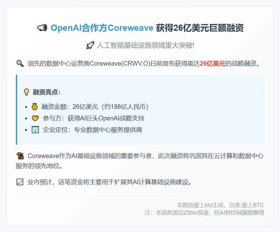 OpenAI合作伙伴Coreweave获26亿美元贷款