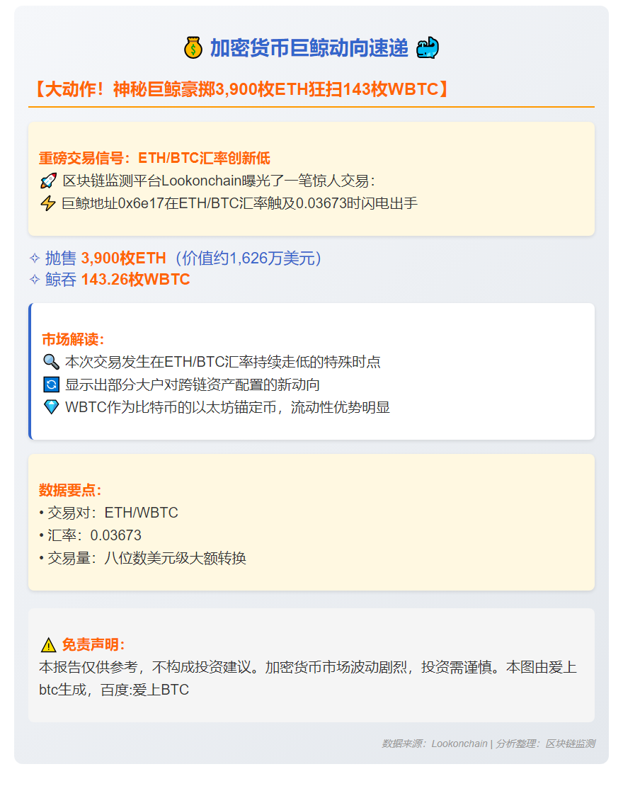巨鲸3900枚ETH兑换成143.26WBTC