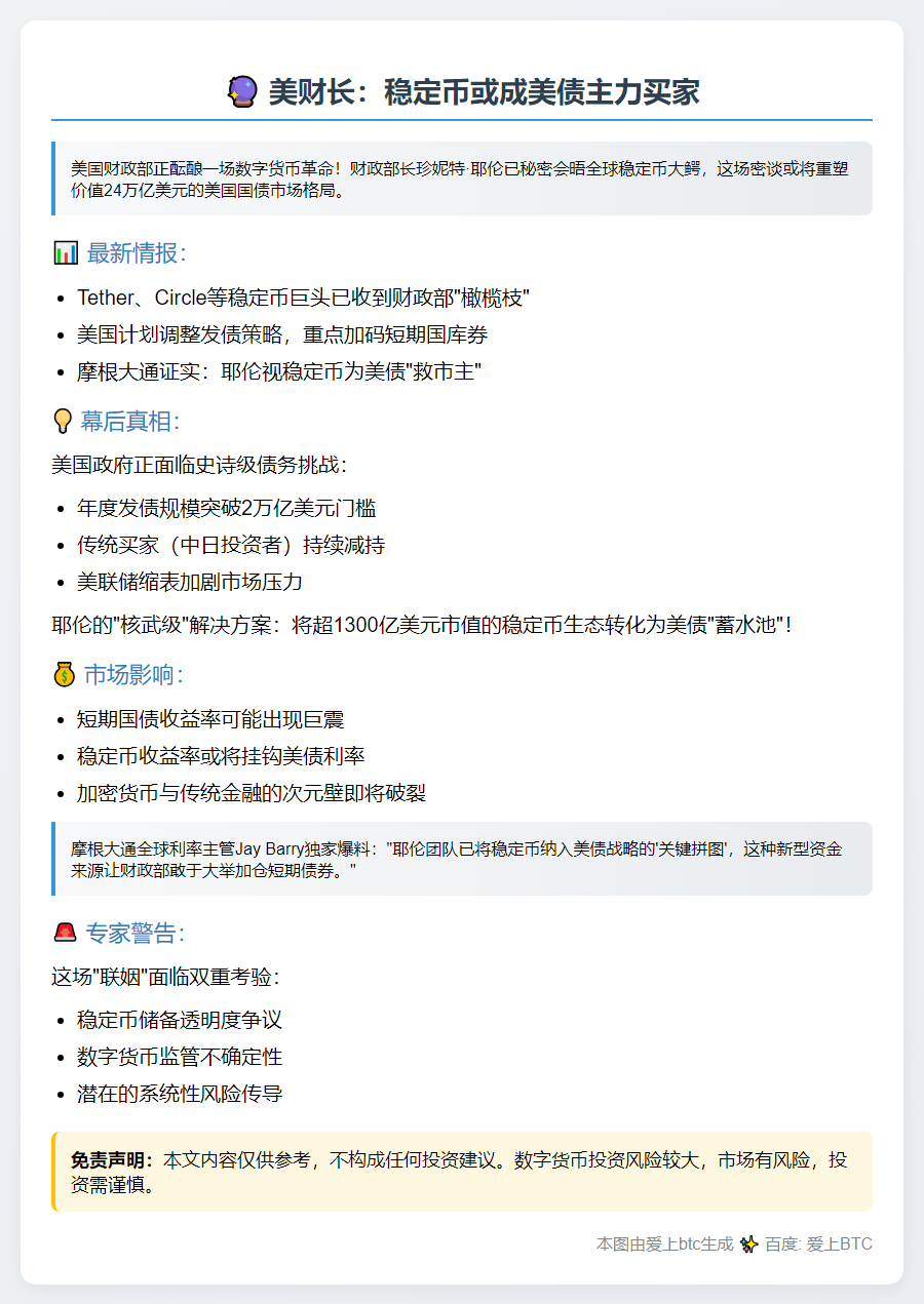 美财长：稳定币或成美债主力买家