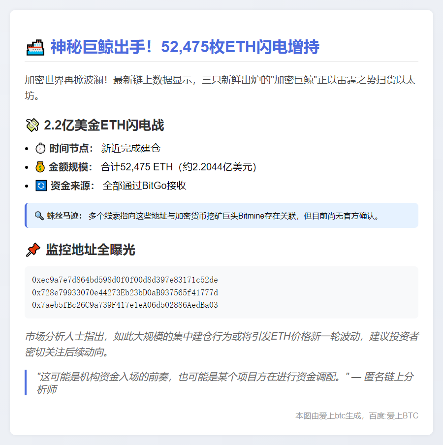 新建地址持仓5.2万ETH疑关联Bitmine