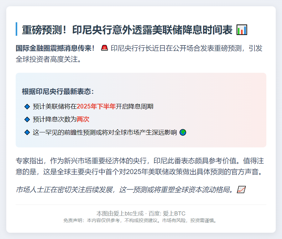 印尼央行：预计美联储2025年降息两次