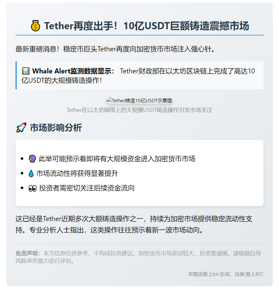Tether新增铸造10亿USDT