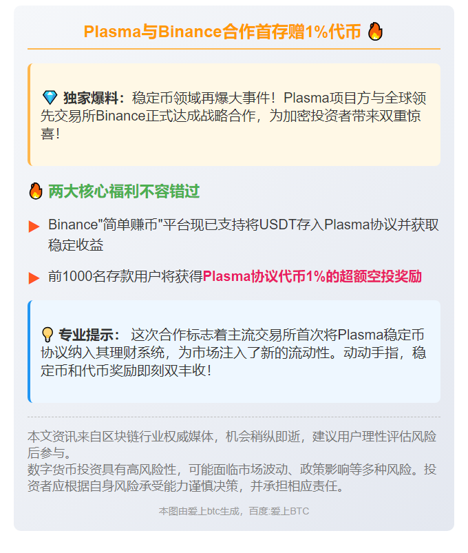 Plasma与Binance合作首存赠1%代币