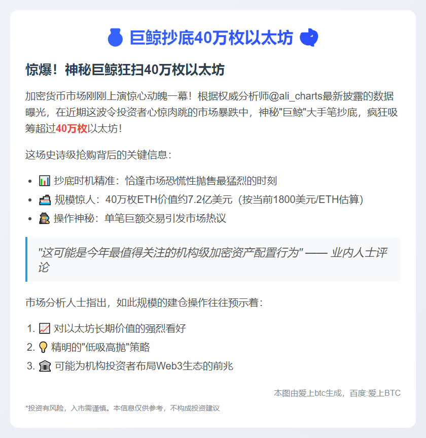 巨鲸抄底40万枚以太坊