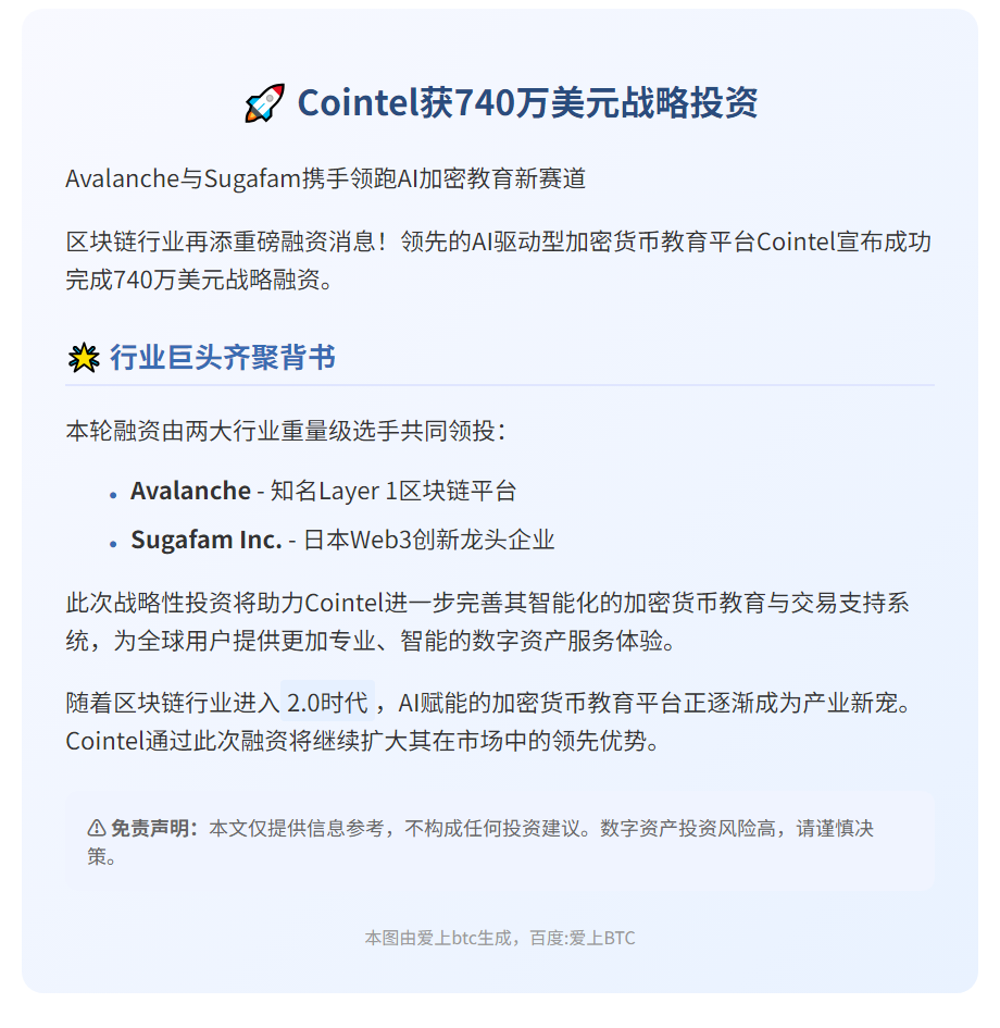 Cointel获740万美元融资，Avalanche领投