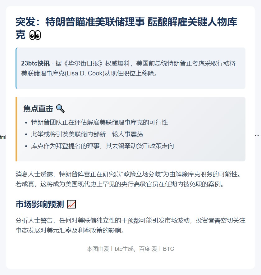 特朗普欲解雇美联储理事库克