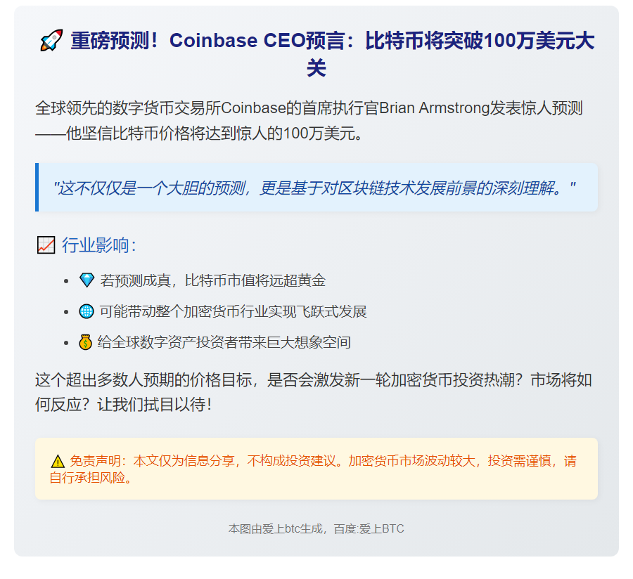 比特币2030年或达百万美元（Coinbase CEO预测）