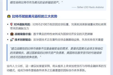Tether CEO呼吁美国将比特币作为美元对冲