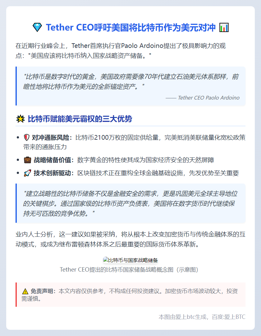 Tether CEO呼吁美国将比特币作为美元对冲
