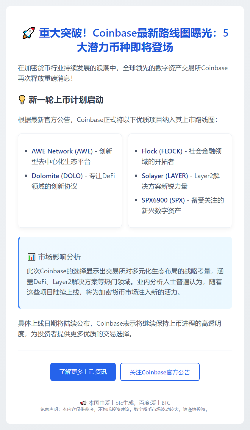 Coinbase新增AWE等五币种至路线图